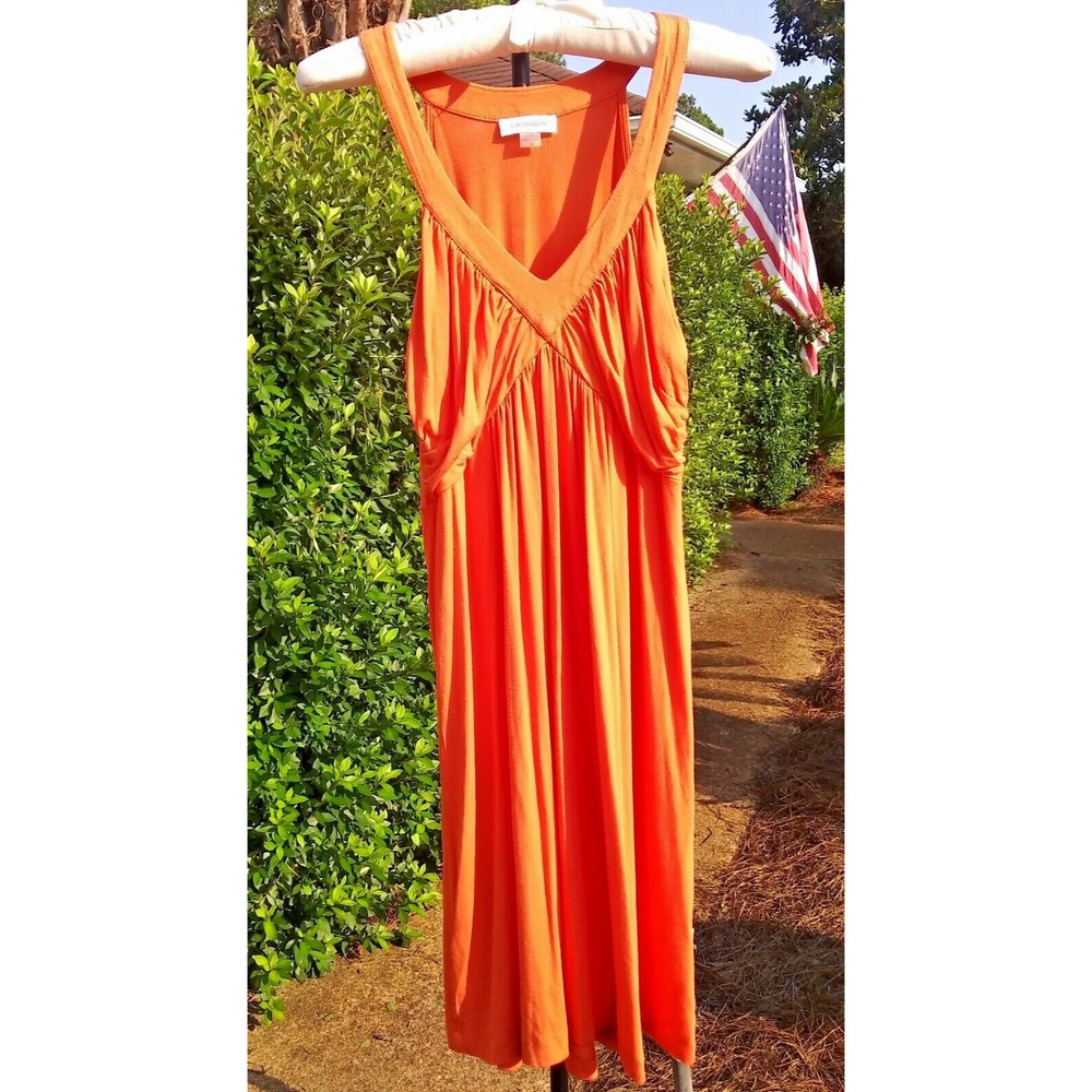 Calvin Klein Women's Maxi Dress V Neck Sleeveless Orange Ruched Stretch Size 10 - Picture 1 of 6